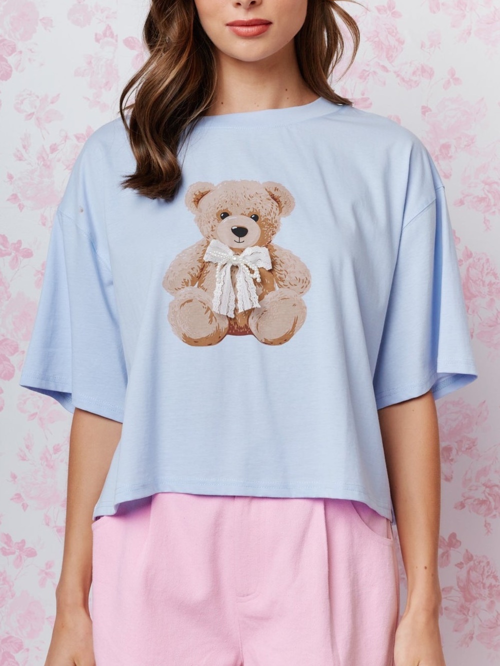 NWT Coquette Cuddle Bear Oversized Cropped Tee in Baby Blue with 3D Bow
